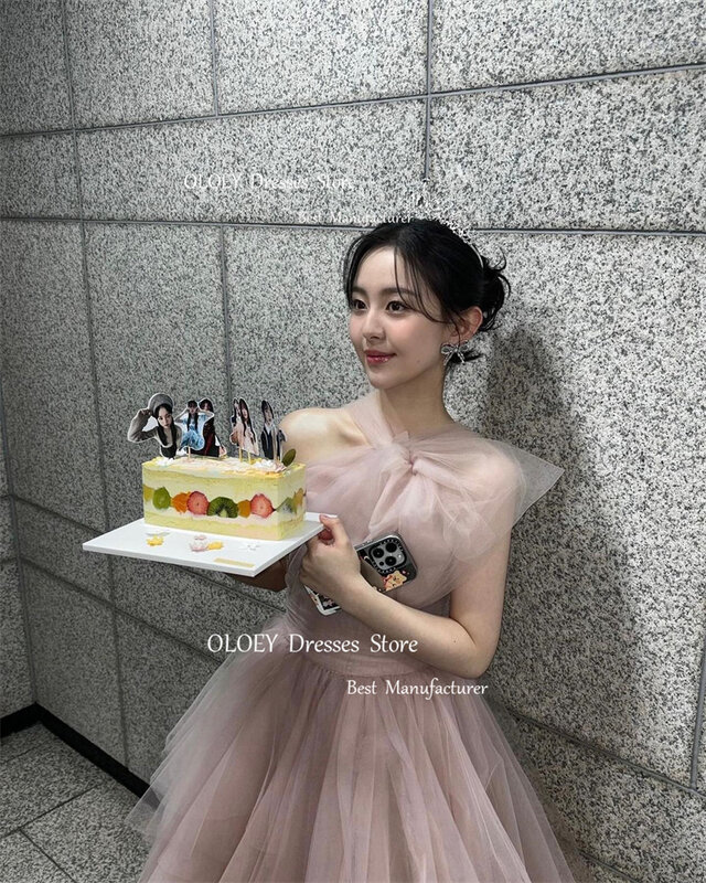 Oloey Fee Stoffige Roze Tule Avondjurken Korea Bruiloft Fotoshoot Boog Vloer Lengte Galajurken Feestjurk Lang