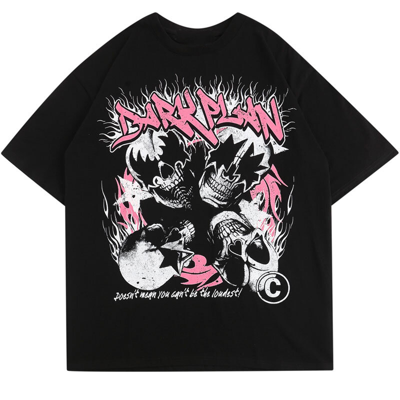 T-shirts de manga curta solta do punk da cópia do esqueleto do crânio do vintage dos homens do hip hop tshirt y2k grunge