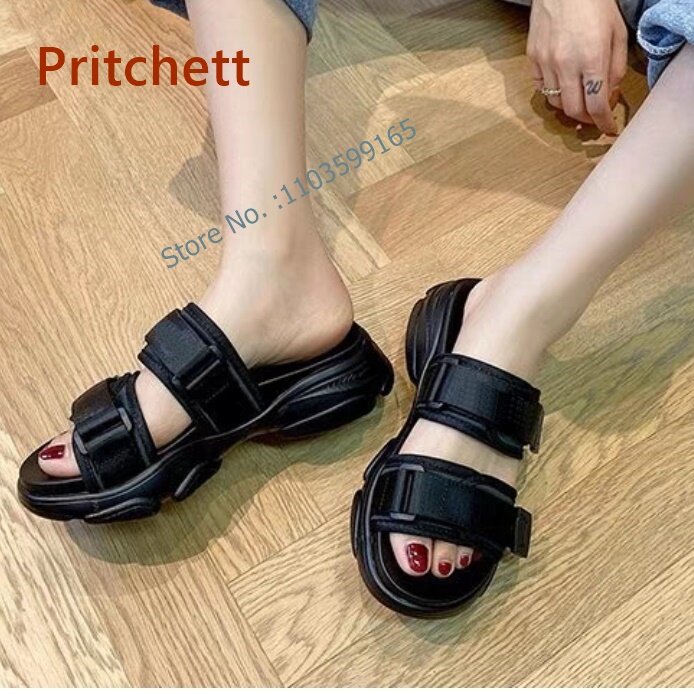 Thick Soled Solid Women's Slippers Black White Round Toe Slip On Anti-Slip Outdoor Shoes Concise High Increase Shoes Comfortable