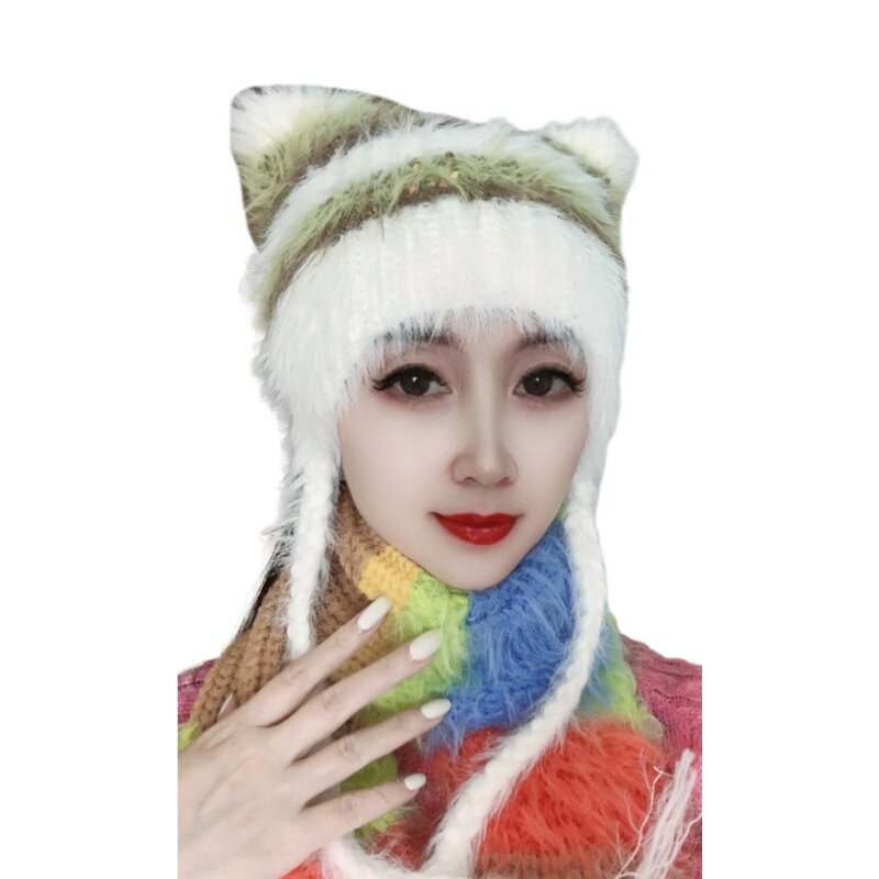 Bonnet tricoté avec oreilles chaton pour Halloween, chapeau chaud rayé pour fête, vacances, hiver