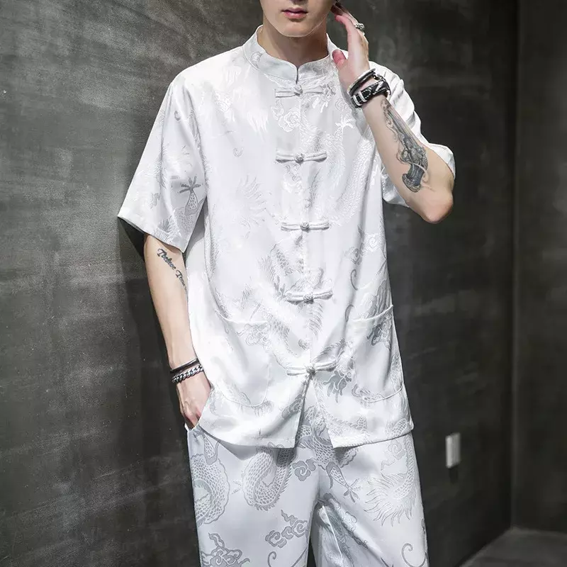 Top cinesi estivi per uomo tradizionale alla moda Dragon Jacquard Tang Suit cotone lino colletto alla coreana camicie a maniche corte da uomo