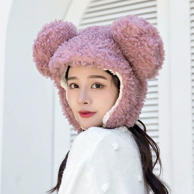 Winter Women Warm  Plush Thickened Cute Bear Hat Imitation Cashmere Girl Outdoor Cartoon Hat Interesting And Novel White