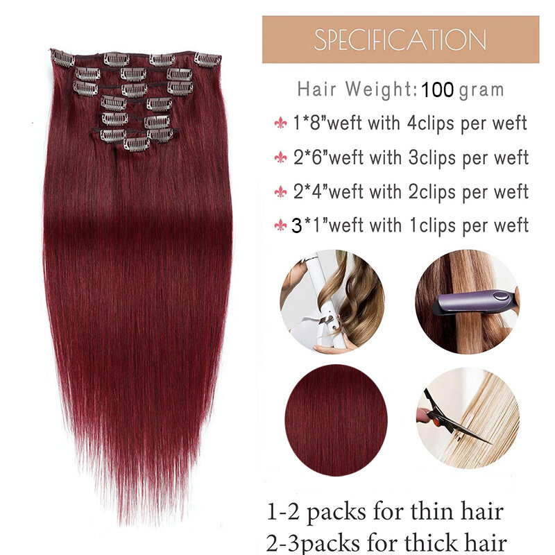 Ekstensi rambut manusia klip, ekstensi rambut manusia 8 buah/set dengan 17 klip lurus kain ganda dalam ekstensi rambut manusia anggur merah 99j #