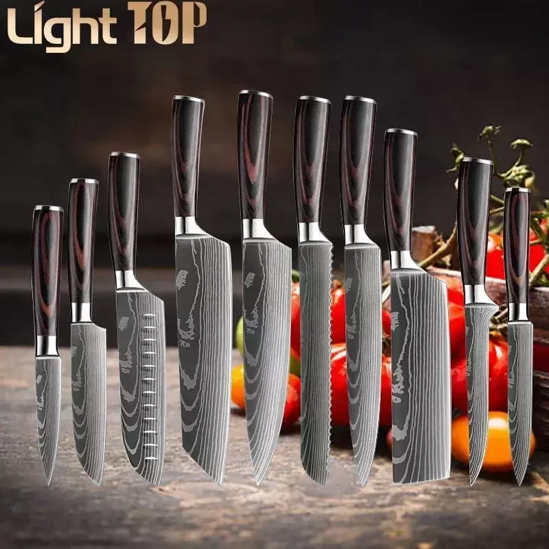 Set di coltelli da cucina 1-10 pezzi Set di coltelli da cucina in acciaio inossidabile 7 cr17 440C Laser damasco giapponese Santoku mannaia affettare Utility Chef Knife