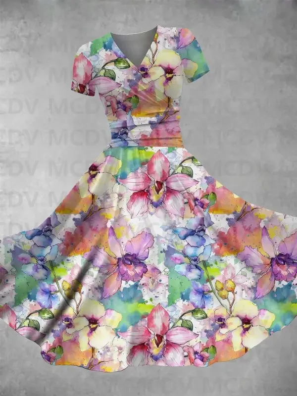 فستان طويل نسائي كلاسيكي مطبوع بالزهور ، فستان مثير برقبة على شكل حرف V ، فساتين نسائية ، طباعة ثلاثية الأبعاد