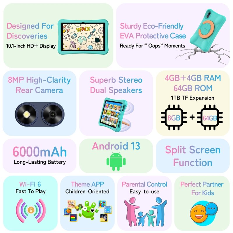 Планшет UMIDIGI G2 Tab для детей, 4 Гб + 64 ГБ, Android 13, четырёхъядерный, 10,1 дюйма, 6000 мАч