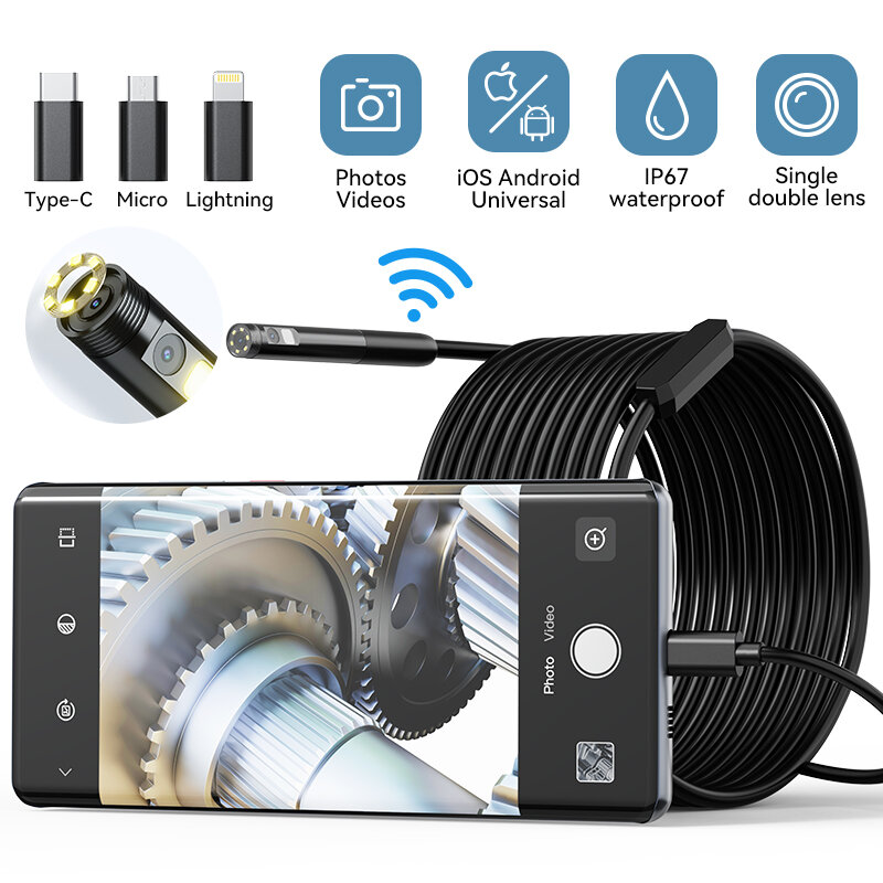 Endoscópio Câmera Single/Dual Lens IP67 Impermeável Pipeline Inspeção Borescope 8MM Lens Car Sewer Para IOS Android USB-C