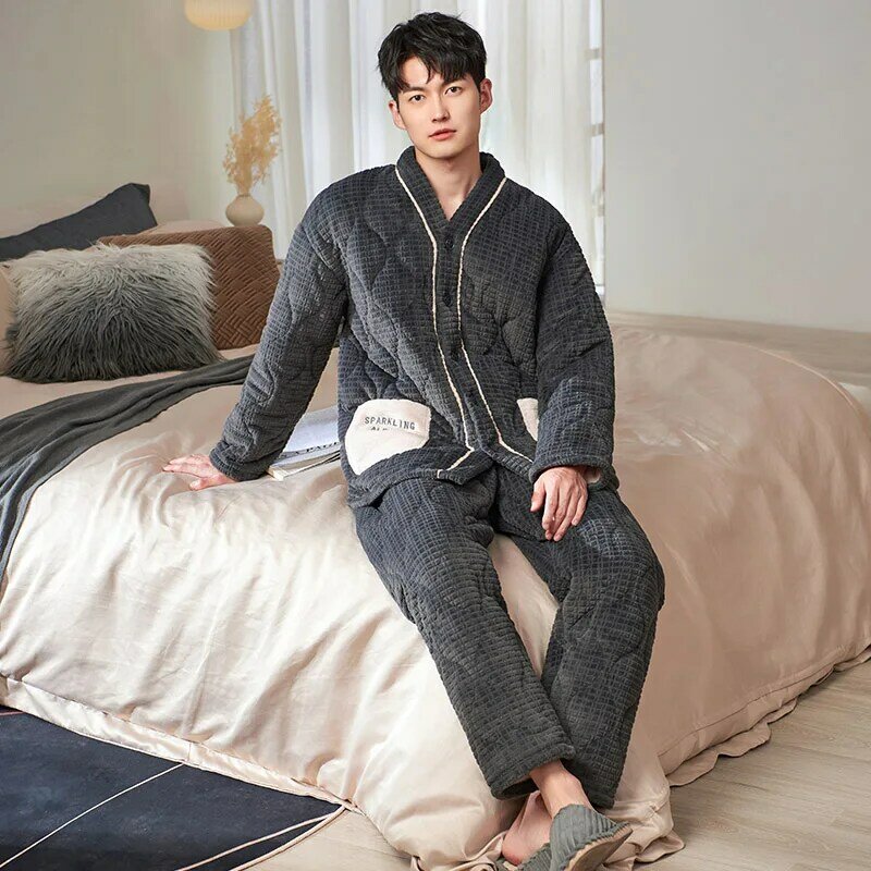 Men Pajamas Winter Three Layers Padded Flannel Pajama Set Big Yards 3XL Coral Fleece Casual Thick Homewear Warm Sleepwear Pijama