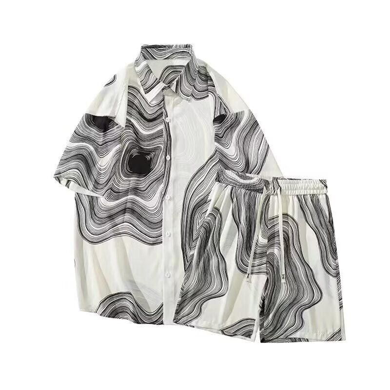 Casual Ink Printed Outfit Shirt+Shorts Summer 2Pcs/Set Elastic Drawstring Waist Wide Leg Shorts Fashion Beach Set