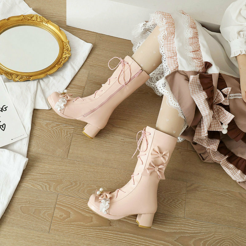 Botas de tacón alto con lazo para mujer, zapatos de fiesta con plataforma, color rosa, talla grande 30-46