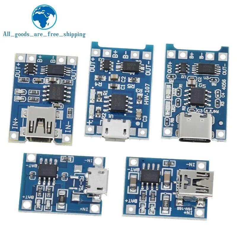 TZT 5Pcs Micro USB 5V 1A 18650 TP4056 Lithium Battery Charger Module Charging Board With Protection Dual Functions 1A Li-ion