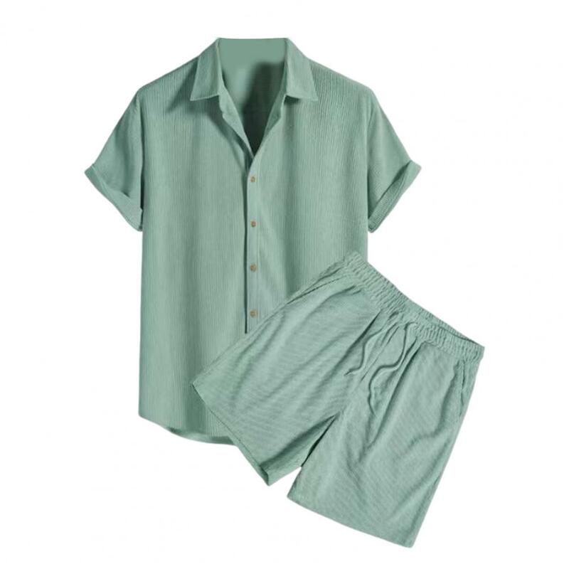 Traje de manga corta para hombre, camisa de solapa informal, pantalones cortos de cintura elástica con cordón ajustable, Color sólido para verano