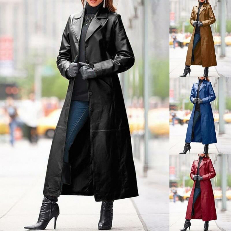 Blusão de couro falso feminino, casaco de vento longo e fino, monocromático, roupas femininas, outono, inverno, 2020