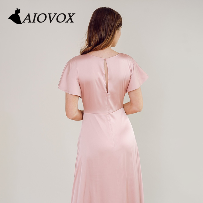AIOVOX gaun Prom Formal berlipat V-neck gaun malam lengan pendek Satin pakaian potongan panjang lantai A-line untuk wanita