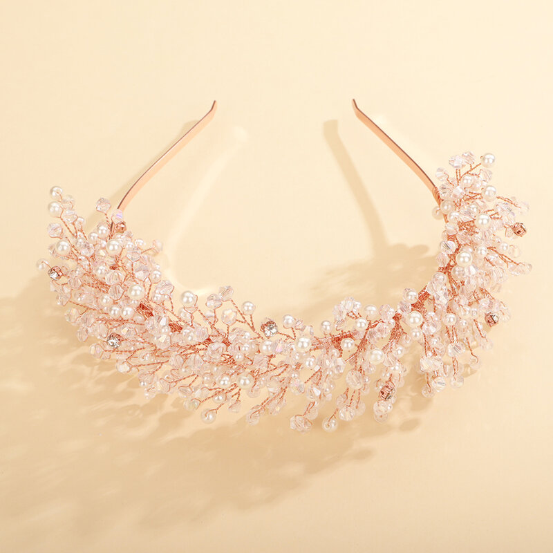 Bando Mahkota Kristal Mutiara Mewah Buatan Tangan, Aksesori Rambut Pesta Pernikahan Berlian Imitasi Antik untuk Wanita