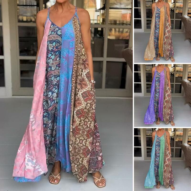 Ankle Length Slip Dress Boho Chic Ethnic Print Maxi Dress V-neck Backless A-line Colorful Swing Spaghetti Straps for Summer