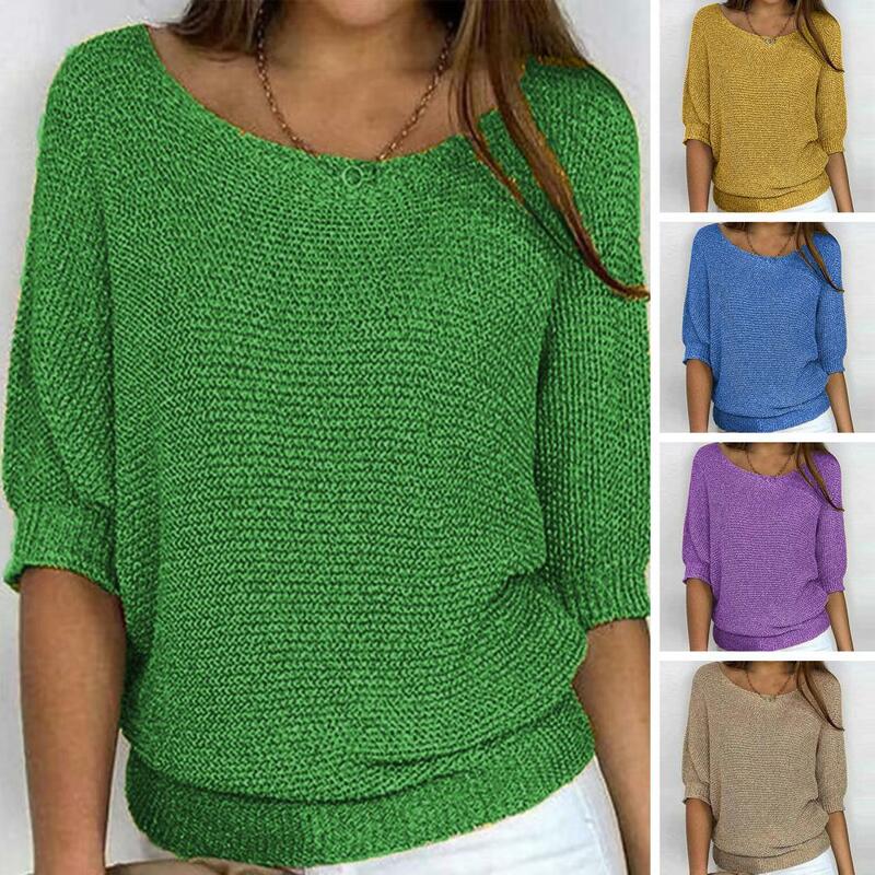Women Solid Color Sweater Stylish Women's Autumn Winter Knitting Sweater O-neck 3/4 Sleeve Loose Fit Pullover Tops for Women