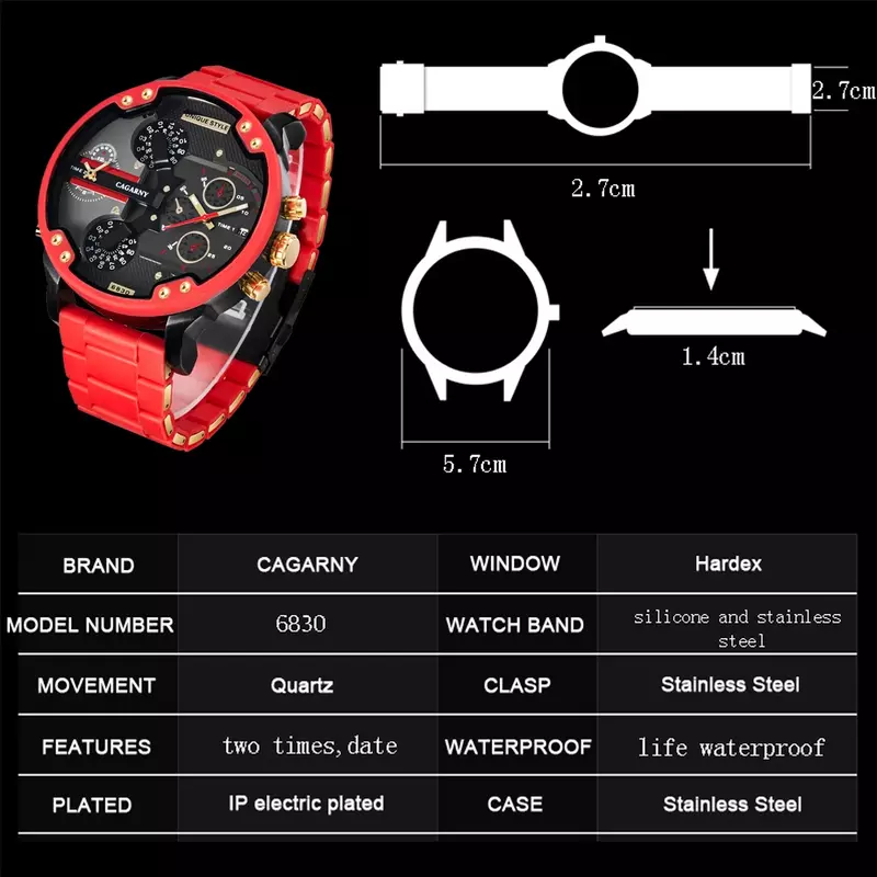 Złoty zegarek mężczyźni luksusowej marki słynny podwójny czas wojskowy Relogio Masculino 57mm 3D duże etui męskie zegarki kwarcowe czerwony męski zegar