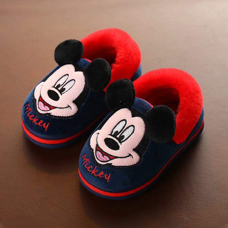 Disney crianças chinelos de inverno dos desenhos animados meninos meninas mickey minnie antiderrapante indoor casa sapatos crianças bebê algodão tamanho 15-21cm