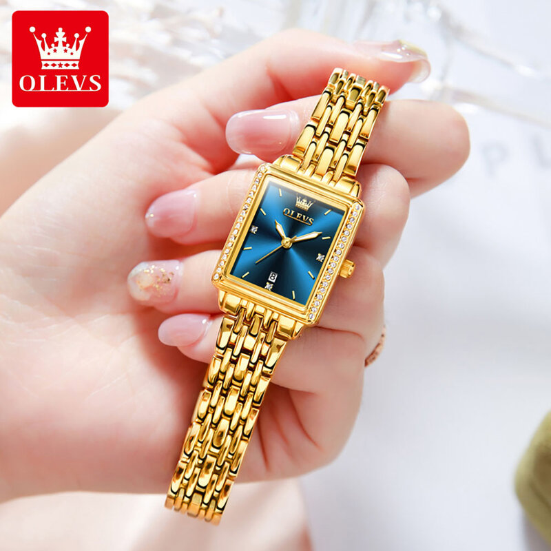 OELVS New Luxury Lady's Watches Elegant Gold Rectangular Dial Quartz Watch Diamond Bracelet Gift Box Set Original Female Watch
