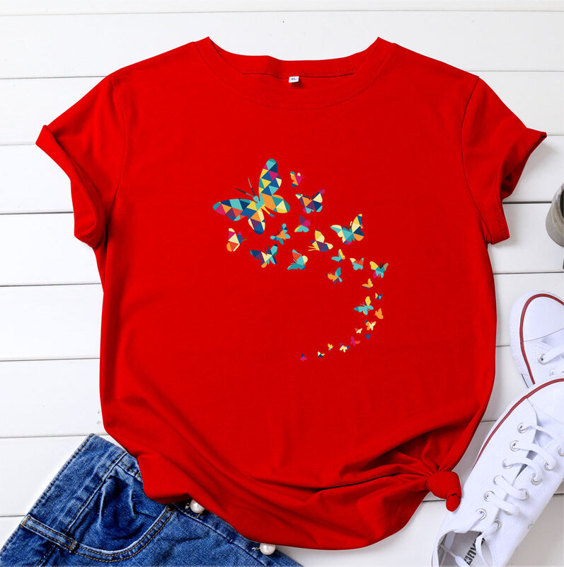Новинка Лето 100% хлопковая футболка в европейском и американском стиле с коротким рукавом и принтом бабочки женская одежда Топы Футболка оверсайз
