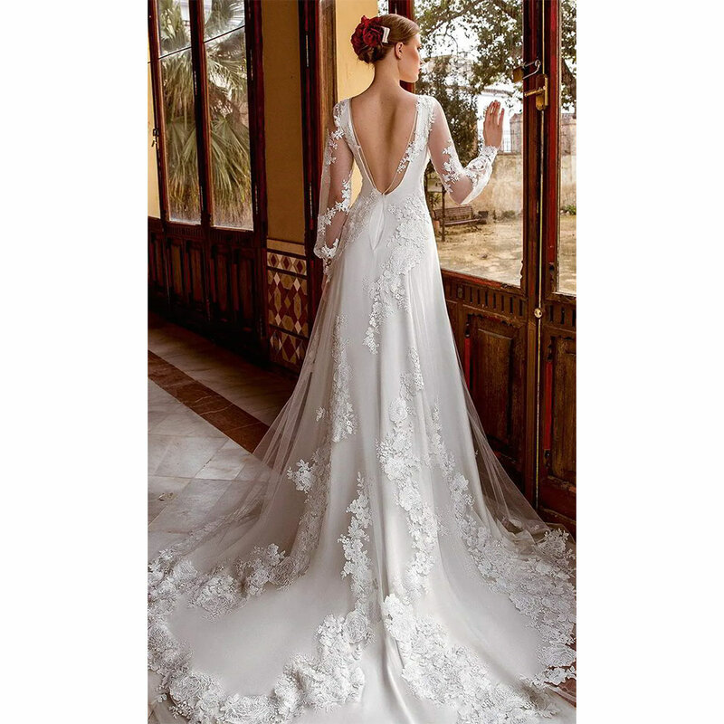 Gaun pernikahan renda punggung terbuka Vintage 2024 applique gaun pengantin A Line menyapu kereta Lengan Panjang acara pernikahan Formal jubah