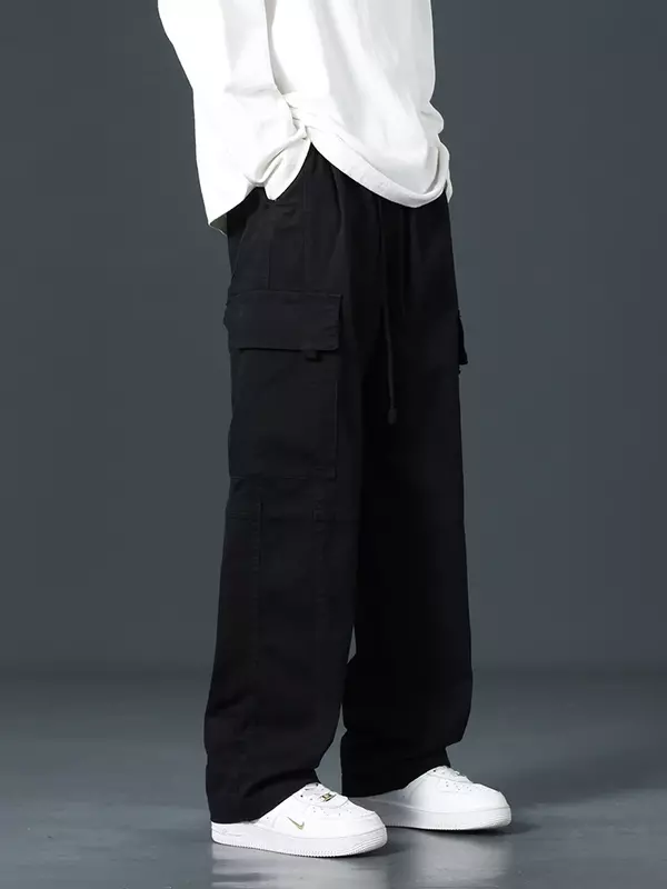 Spring Summer Baggy Cargo Pants Men Multi-Pockets Drawstring Straight Long Casual Pants Male Cotton Loose Trousers Plus Size 8XL