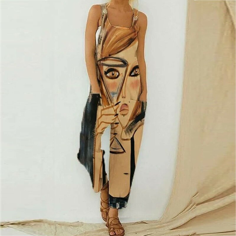 Summer Casual Jumpsuit Women Print Spaghetti Strap Sleeveless Wide Leg Rompers Woman Loose with Large Pocket Bib Overalls Outfit