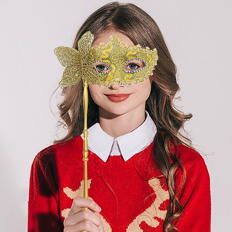 Máscara de meia face com bastão para mulheres, máscara de festa de Halloween, baile de baile, adereços para cosplay, veneziano
