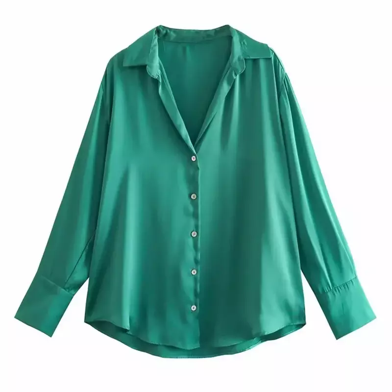 Women 2023 New Fashion Flowy Satin Loose Shirts Blouses Vintage Long Sleeve Button-up Female Shirts Chic Tops