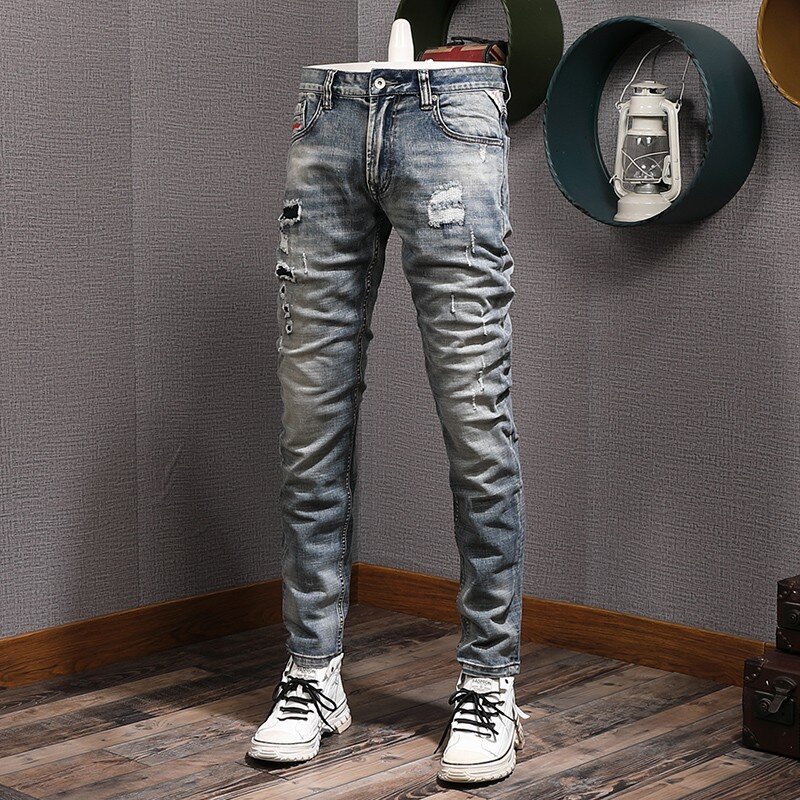 Fashion Designer Men Jeans Retro Washed Gray Blue Elastic Slim Fit Hole Ripped Jeans Men Patched Vintage Denim Pants Hombre