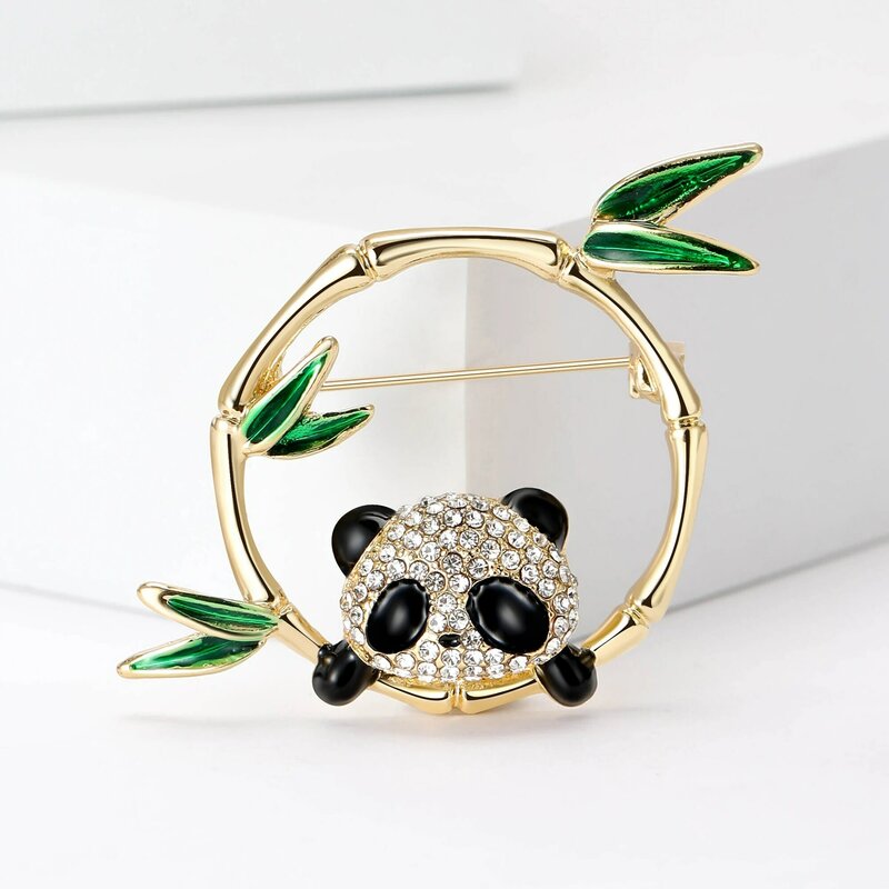 Cute Rhinestone Bamboo Circle Panda Brooches for Women Unisex Animal Pins Casual Party Accessories Gifts