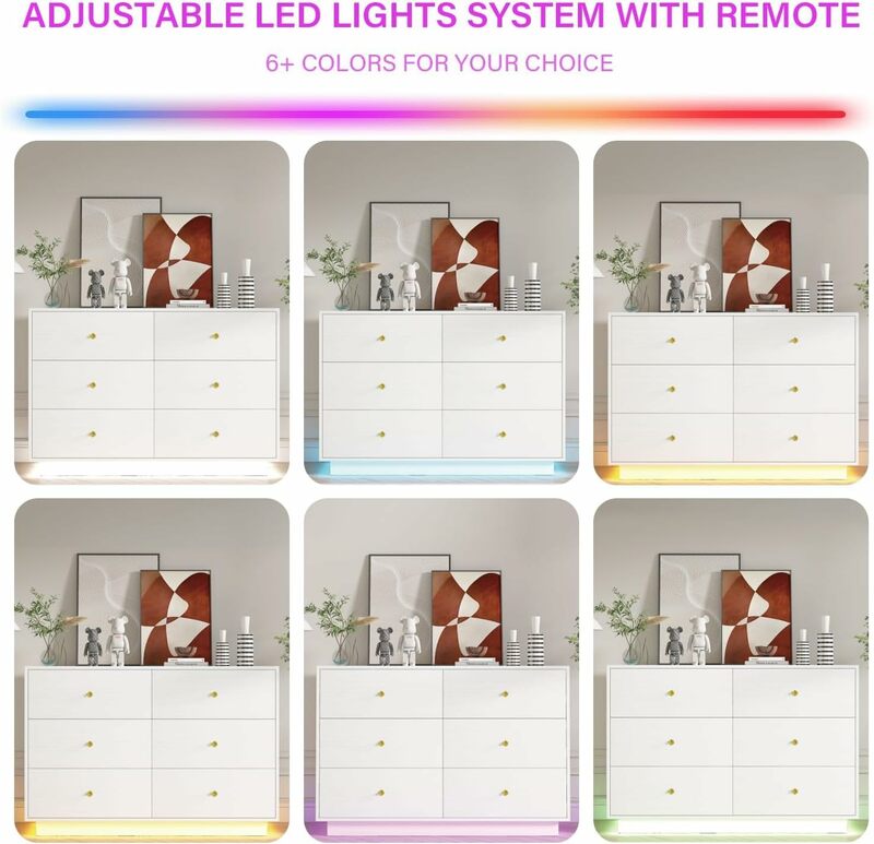 Kommode mit 6 Schubladen, Kommode für Schlafzimmer mit LED-Leuchten, schwimmende moderne Kommode mit 6 Schubladen und Diamant griff