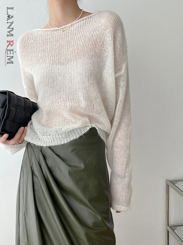 LANMREM-suéter de punto fino para mujer, Jersey transparente de manga larga, Color sólido, Top de moda, Primavera e invierno, 2R4360, 2024