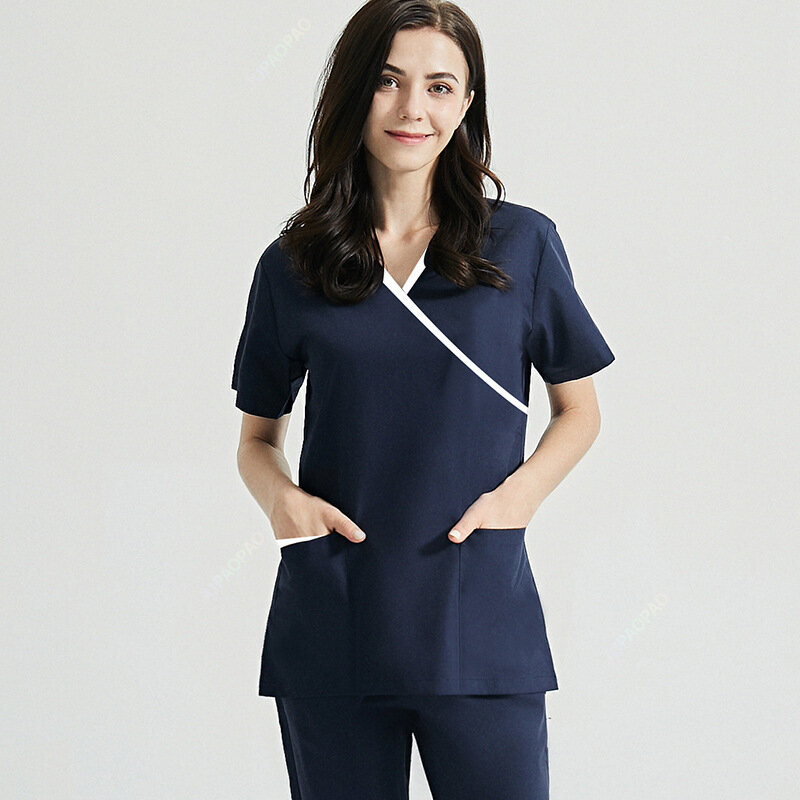 ชุดสครับสำหรับผู้หญิงชุดเครื่องแบบโรงพยาบาลสัตว์เลี้ยงชุดสูทสครับสีทึบชุดสูทคอวีมีกระเป๋า Baju bedah