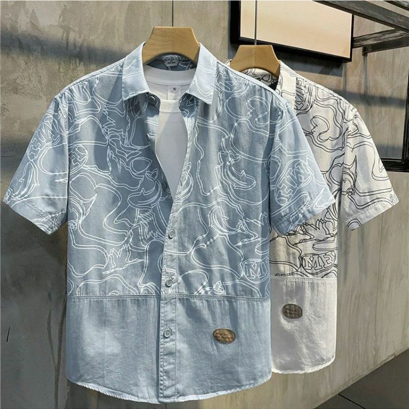 Blusa de manga corta para Hombre, camisa deportiva holgada, ajustada, con cuello cuadrado y botones, informal, a la moda, elegante, Harajuku