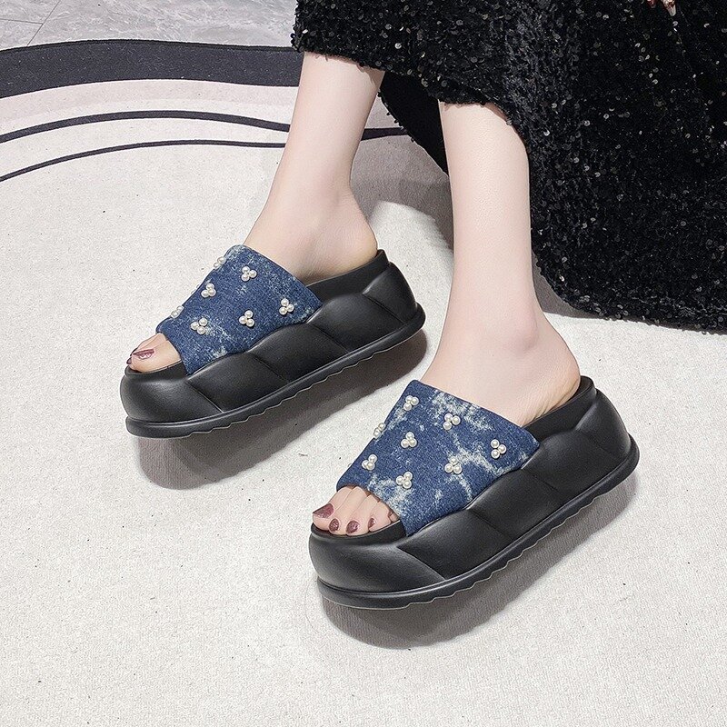 7CM Chunky Platform Canvas Sandals Women Thick Bottom Wedges Slippers Female New Summer Non Slip Beach Shoes Woman Pearl Slides