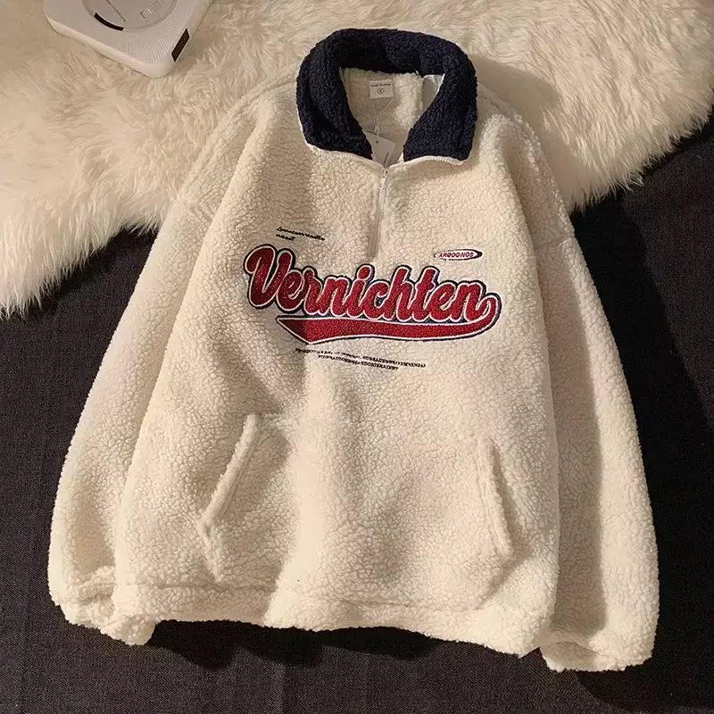 Vintage wełna jagnięca bluza damska haftowana litera bluzy zimowy ciepły płaszcz polarowy moda damska ponadgabarytowy Baseball Streetwear