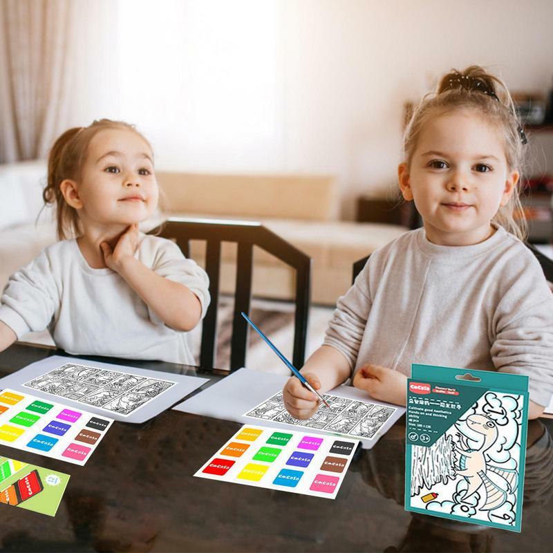 子供、塗り絵、かわいいノートブック、3用のペイントブラシ付き水彩ポケット絵画ブック