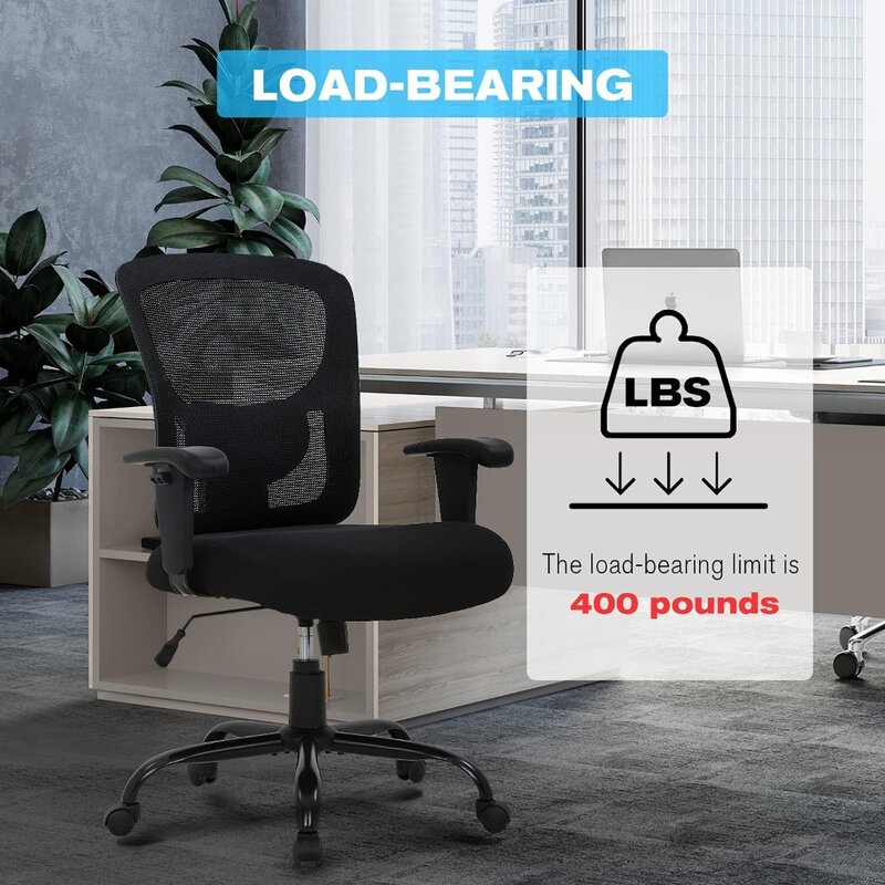 크고 큰 사무실 책상, 무거운 사람용 컴퓨터 메쉬 의자, 높이 조절 가능한 롤링 책상 의자, 인체 공학적, 400 lbs