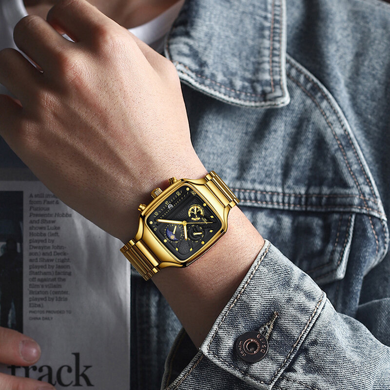NIBOSI Fashion kwadratowy chronograf kwarcowy zegarek dla mężczyzn wodoodporna stal nierdzewna faza księżyca data męskie zegarki Relogio Masculino