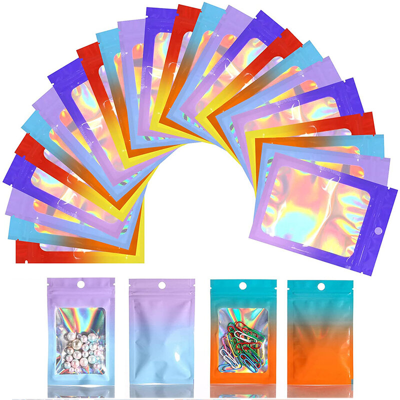 Bolsas de aluminio holográficas de Color degradado, bolsa de ventana transparente, bolsas Ziplock resellables para embalaje de exhibición de joyería, 50 piezas