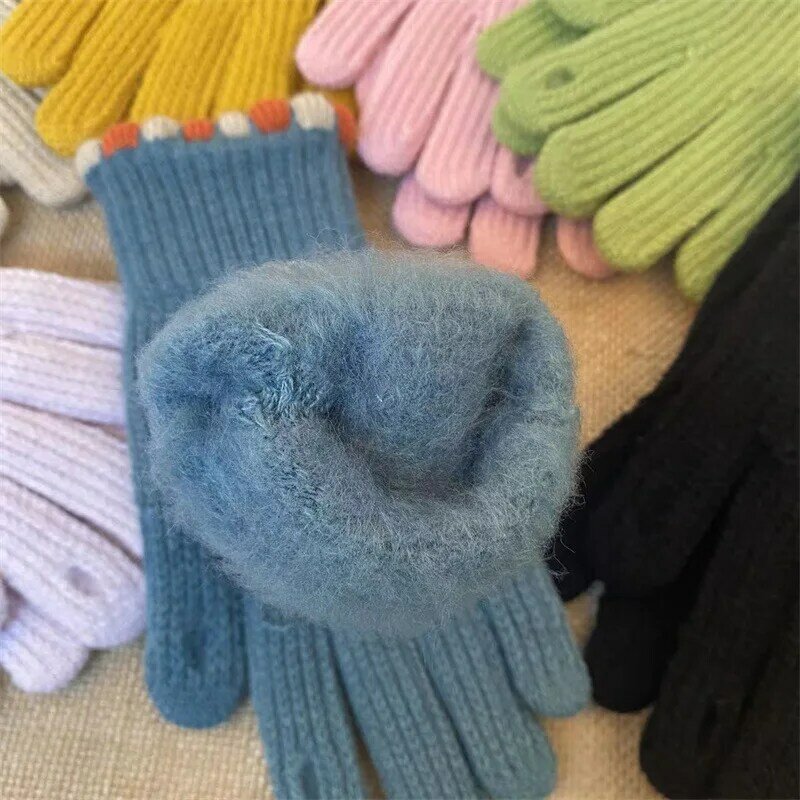 Guantes de lana de punto para mujer, manoplas gruesas de dedo completo para pantalla táctil, cálidos, a la moda, T170, novedad de invierno