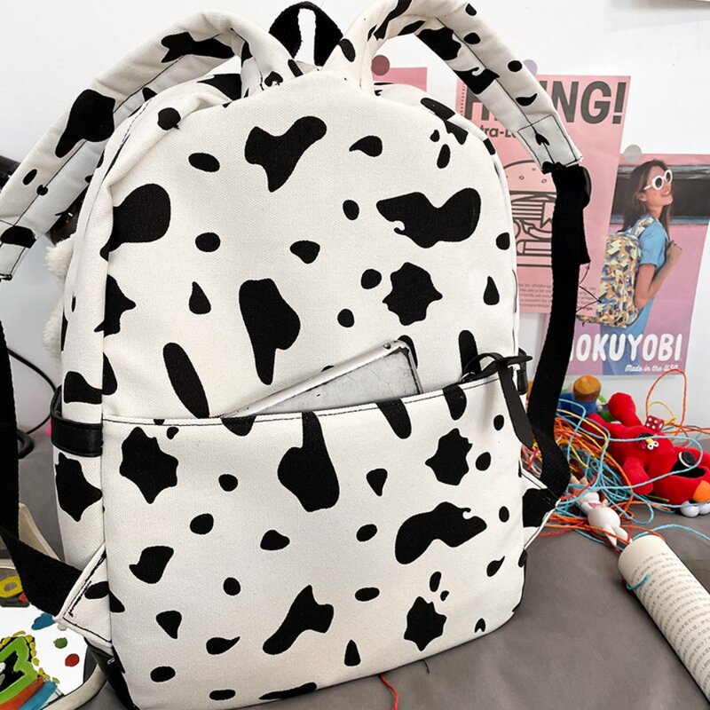 Mochilas de lona respirável, sacos escolares padrão vaca, mochila com zíper, resistente ao desgaste, personalizado, novo