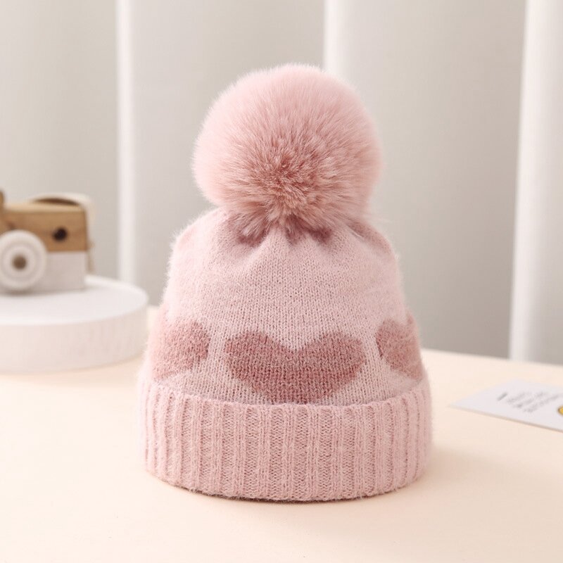 여아용 귀여운 하트 패턴 플러시 니트 비니 모자, 따뜻한 병원 모자, 추운 날씨를 위한 2 중 레이어, 두꺼운 겨울 모자