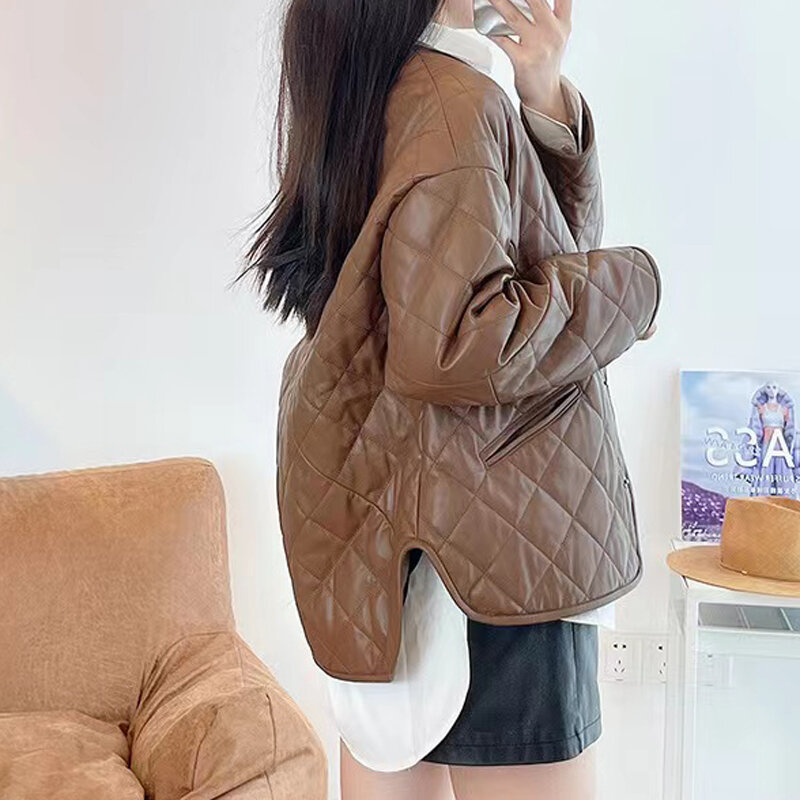 Women Genuine Leather Clothing 2023 Winter High Quality Thicked Warm Jacket With Cotton Round Neck Loose Casual Coat Streetwear