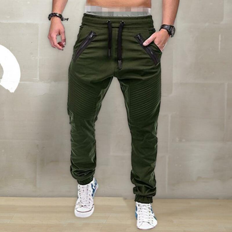 Comfortable Men Trousers Solid Color Men's Casual Trousers Elastic Waist Drawstring Design Regular Fit with Pockets for Spring
