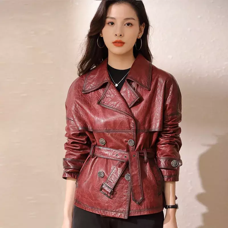 AYUNSUE – veste en cuir véritable pour femme, manteau Vintage en peau de mouton véritable, Slim, élégant, à lacets, 2023