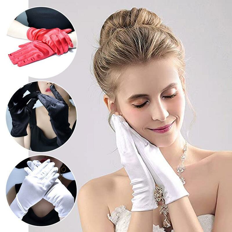 Женские атласные Короткие перчатки на запястье, свадебные цветные перчатки для выпускного вечера, закрывающие пальцы, этикетка, костюм, искусственная кожа, перчатки D2C5