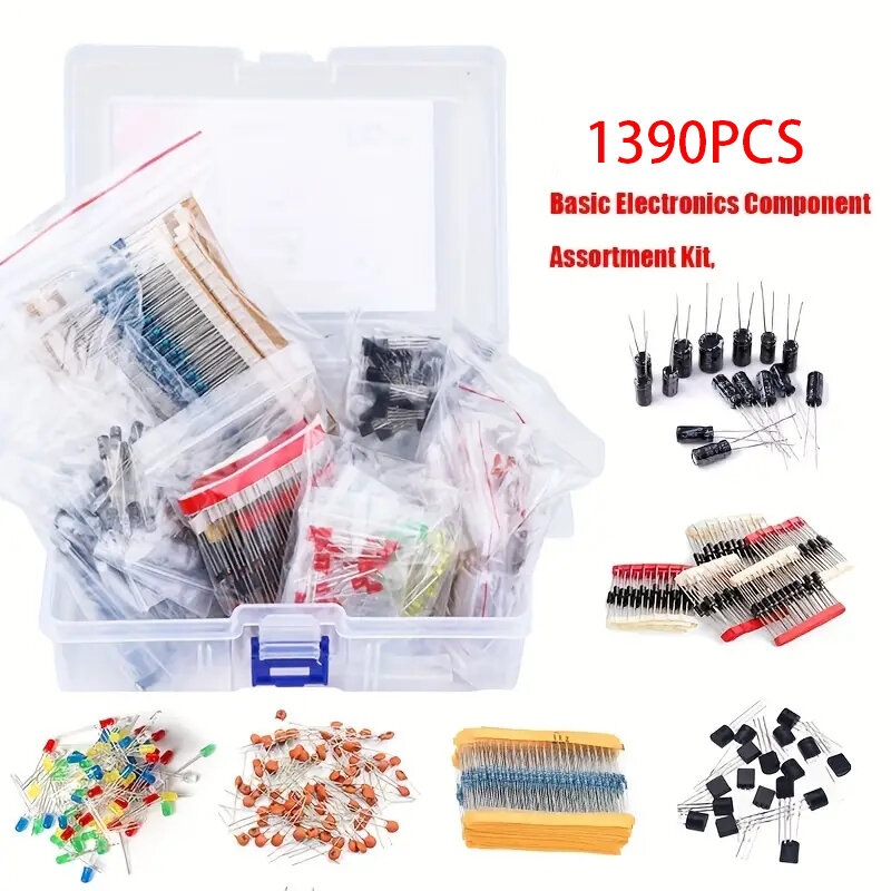 Kits de componentes electrónicos de 1390 piezas, resistencia de película metálica de 1/4W, 3mm, diodos LED, condensador electrolítico de cerámica, juego de herramientas de bricolaje
